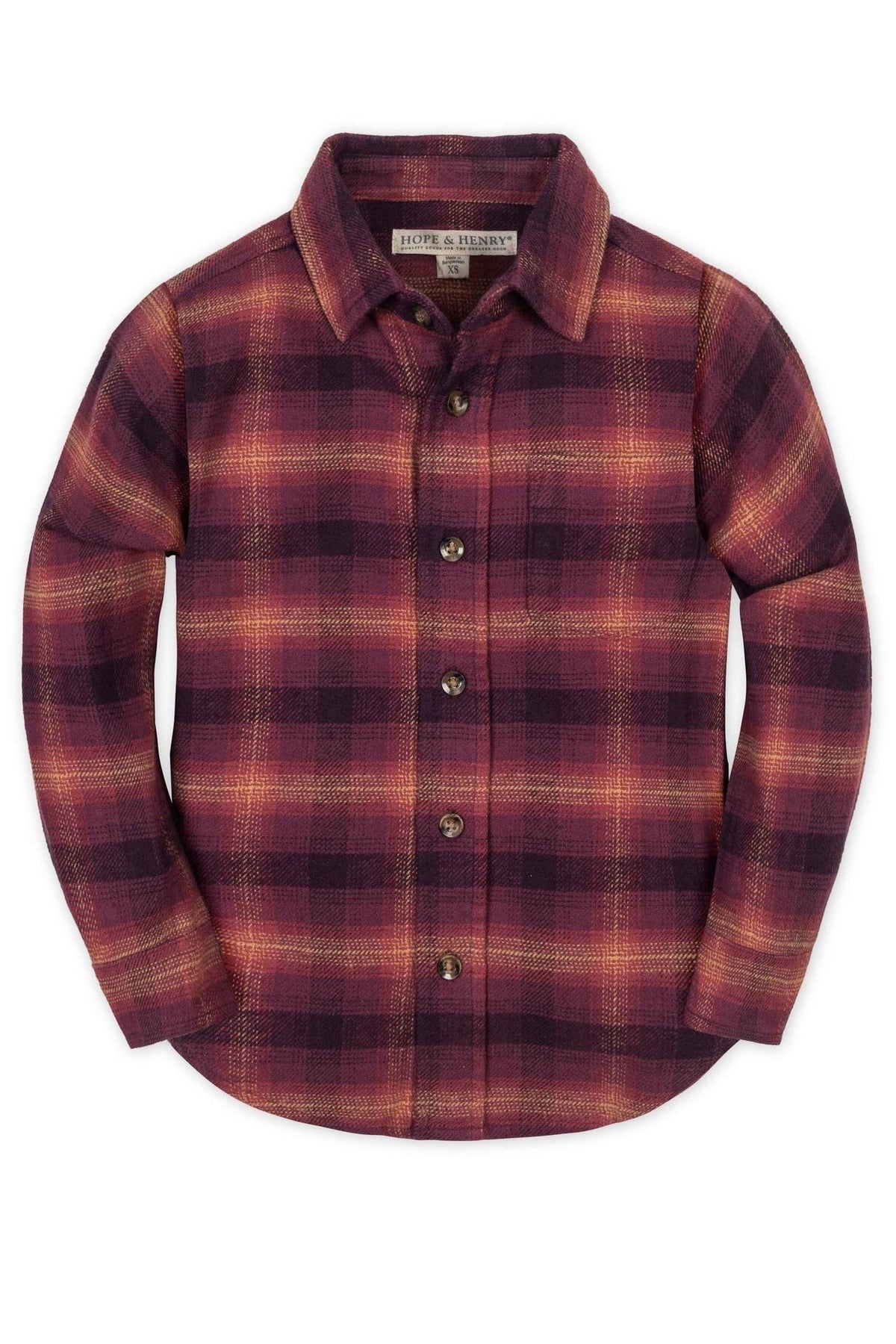A cozy plum plaid flannel shirt by Hope & Henry, featuring a button-down front and long sleeves.