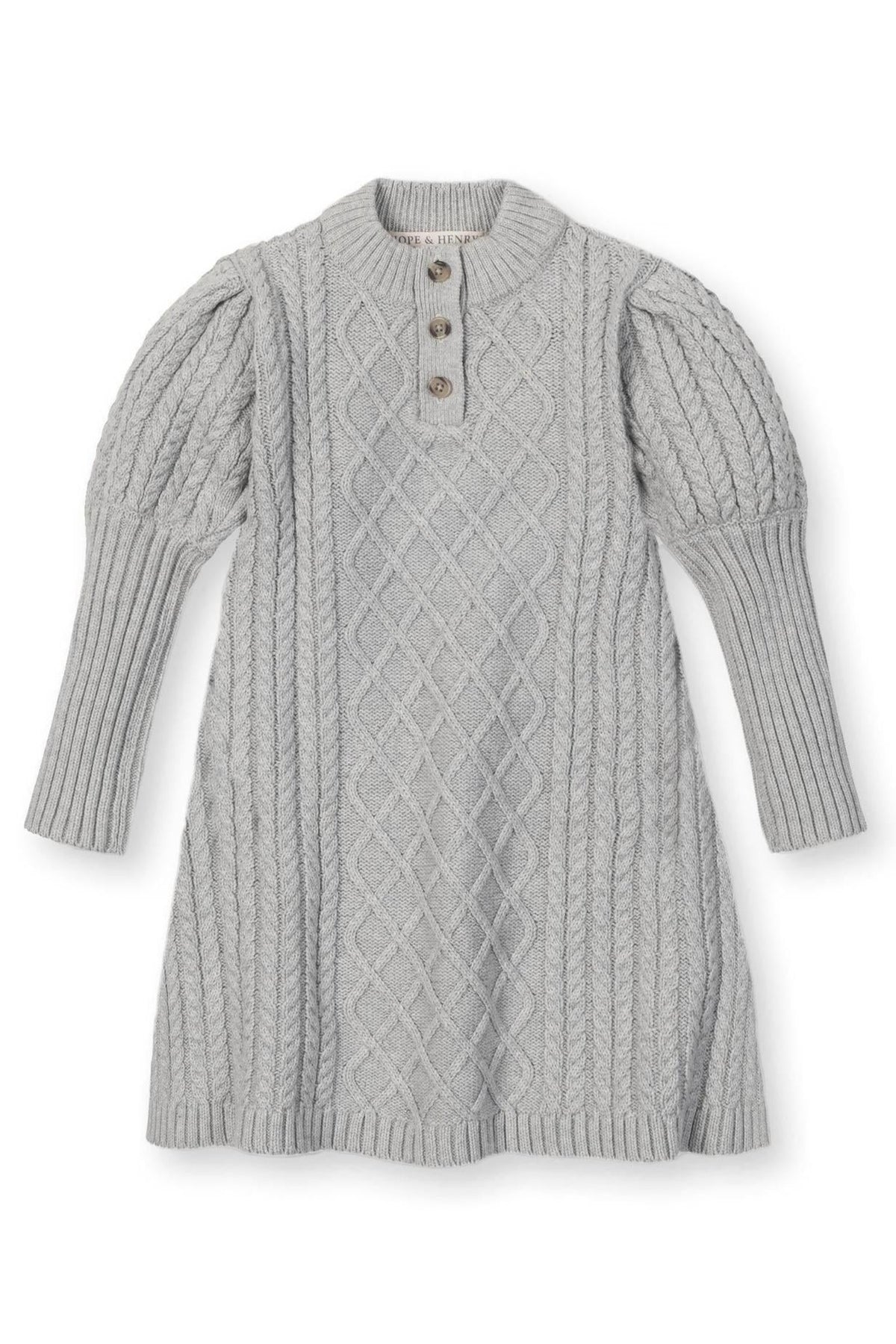 A soft grey sweater dress features a mock neck, button placket, and textured cable knit design, suitable for kids.