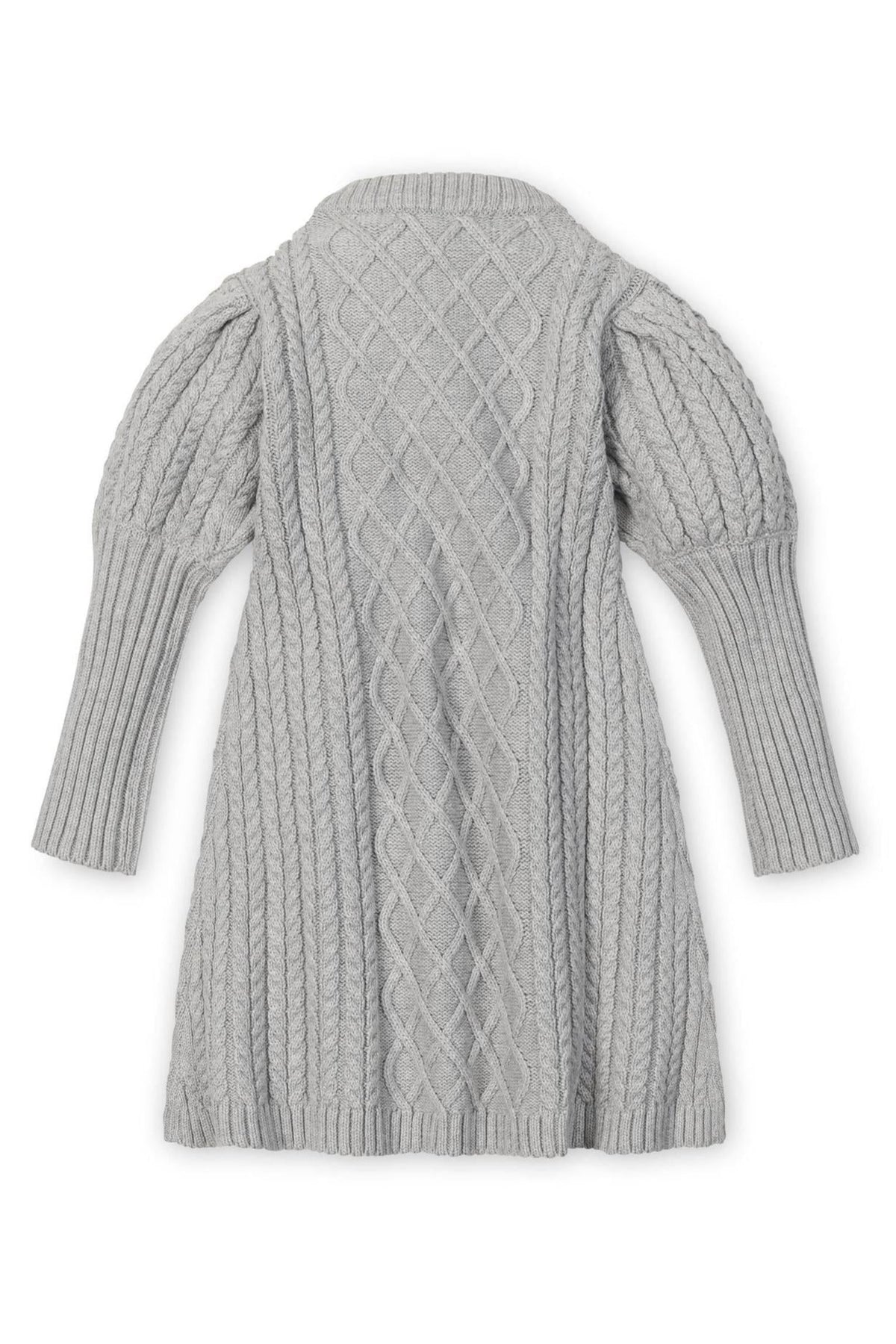 A cozy grey sweater dress featuring a cable knit design and ribbed long sleeves, perfect for kids.