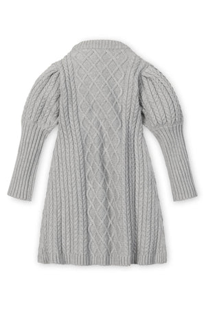 A cozy grey sweater dress featuring a cable knit design and ribbed long sleeves, perfect for kids.