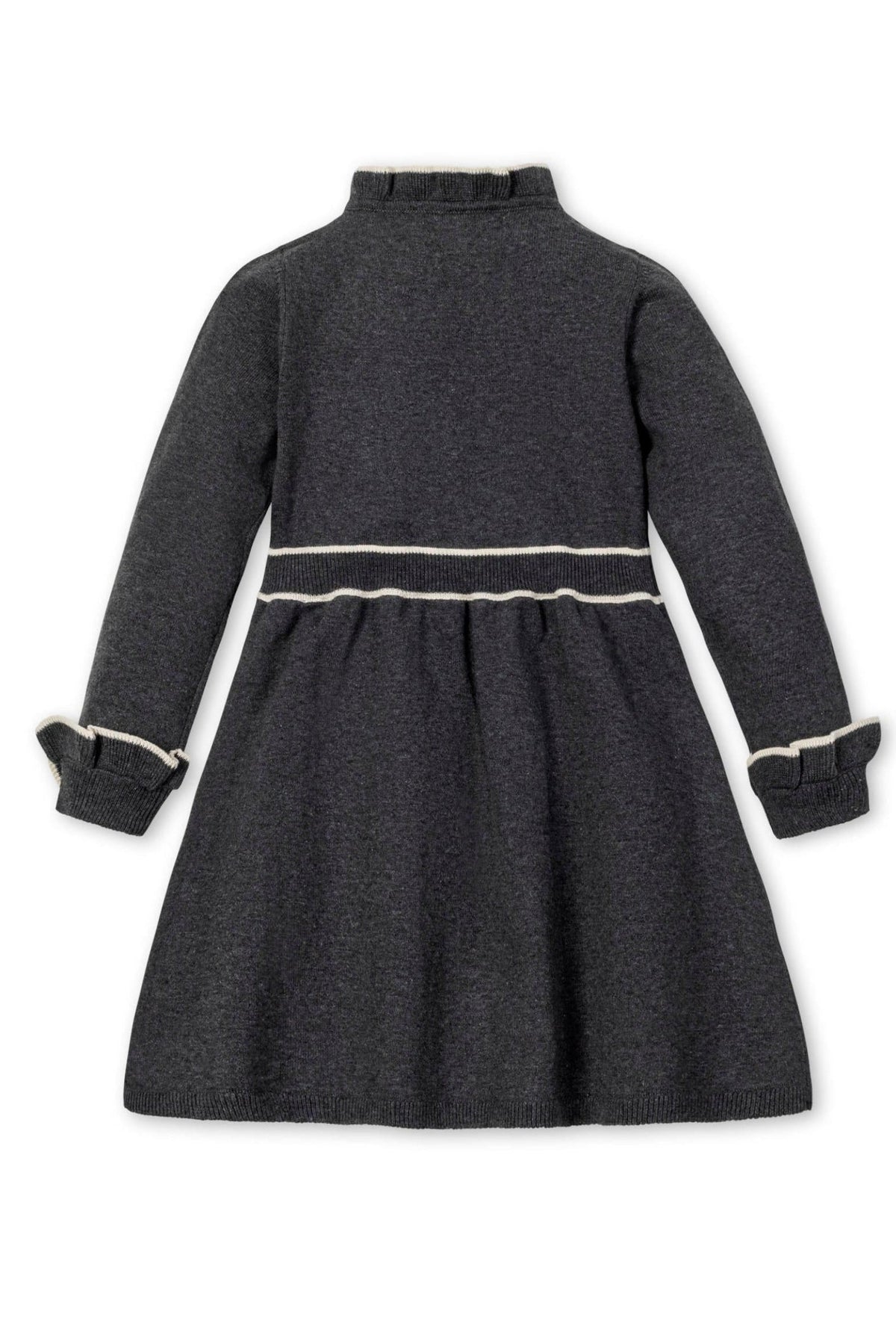 Back view of a charcoal gray sweater dress featuring long sleeves, ruffled cuffs, and a contrasting white waistband detail.