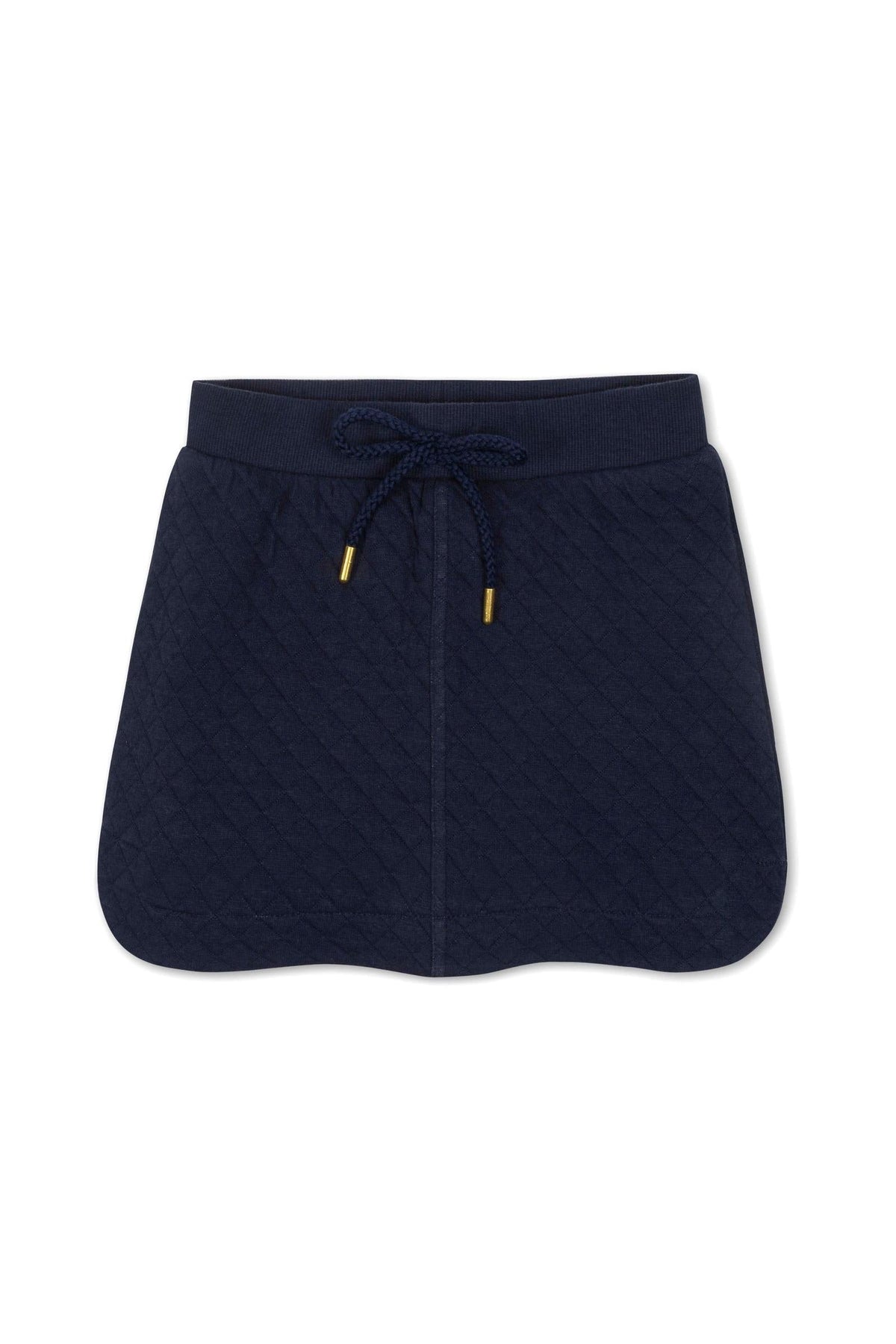 Navy quilted pull-on skort with an elastic waistband and faux drawcord, designed for comfort and active play in kids.