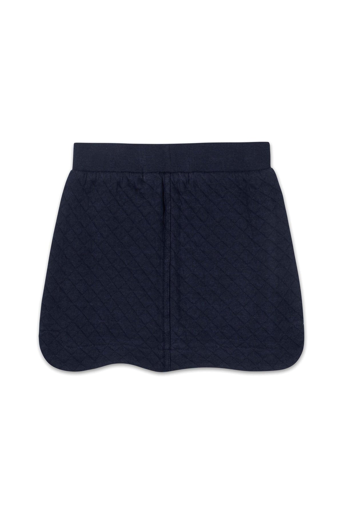 Navy blue quilted skort featuring an elastic waistband, designed for comfort and style for toddlers and kids.