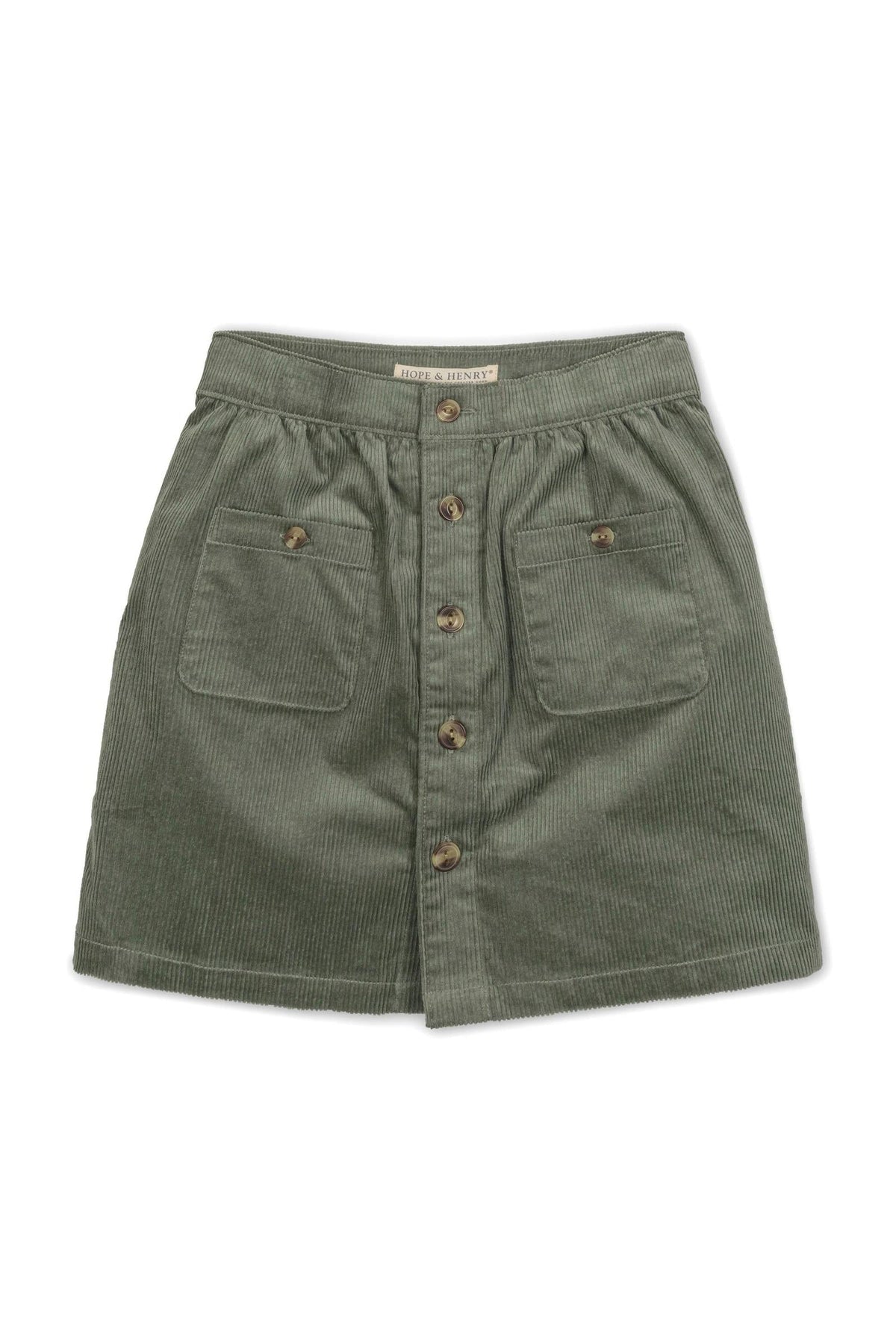 Sage green corduroy skirt featuring a button front, elastic waistband, and front patch pockets. Ideal for toddlers and kids.