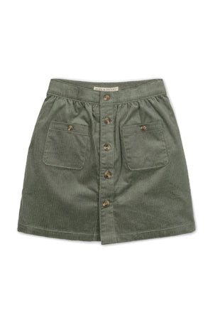 Sage green corduroy skirt featuring a button front, elastic waistband, and front patch pockets. Ideal for toddlers and kids.