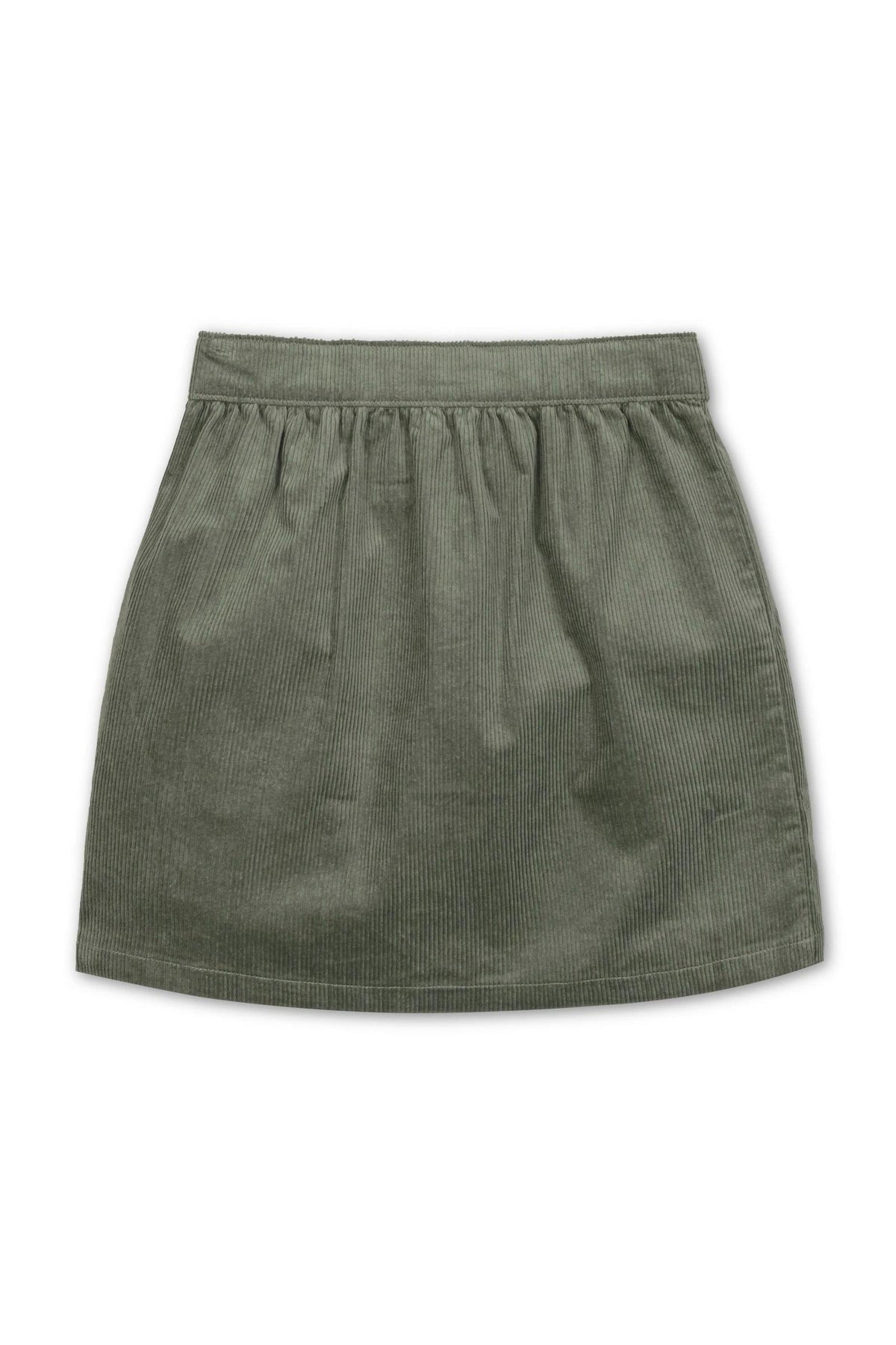 Sage green corduroy skirt with a gathered waistband, designed for girls, featuring a soft organic cotton material.