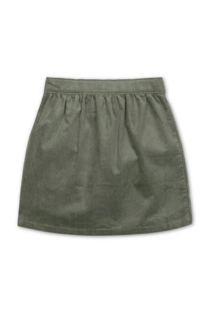 Sage green corduroy skirt with a gathered waistband, designed for girls, featuring a soft organic cotton material.