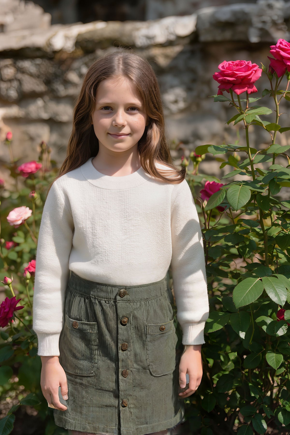 A girl stands among blooming roses, wearing a cream sweater and a sage green corduroy skirt with pockets and buttons.