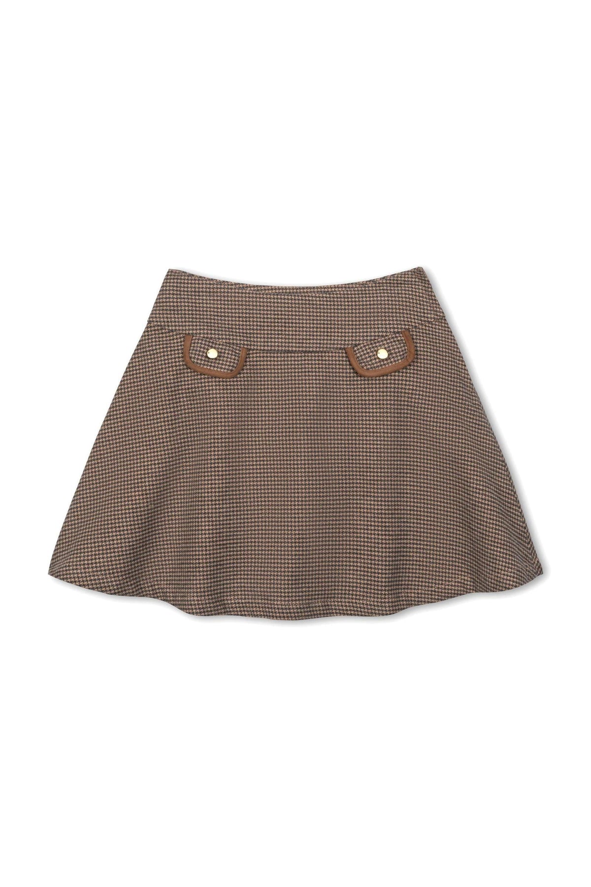 Brown checkered circle skirt with a wide waistband and decorative flap pockets featuring gold button details.