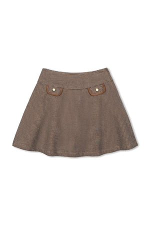Brown checkered circle skirt with a wide waistband and decorative flap pockets featuring gold button details.
