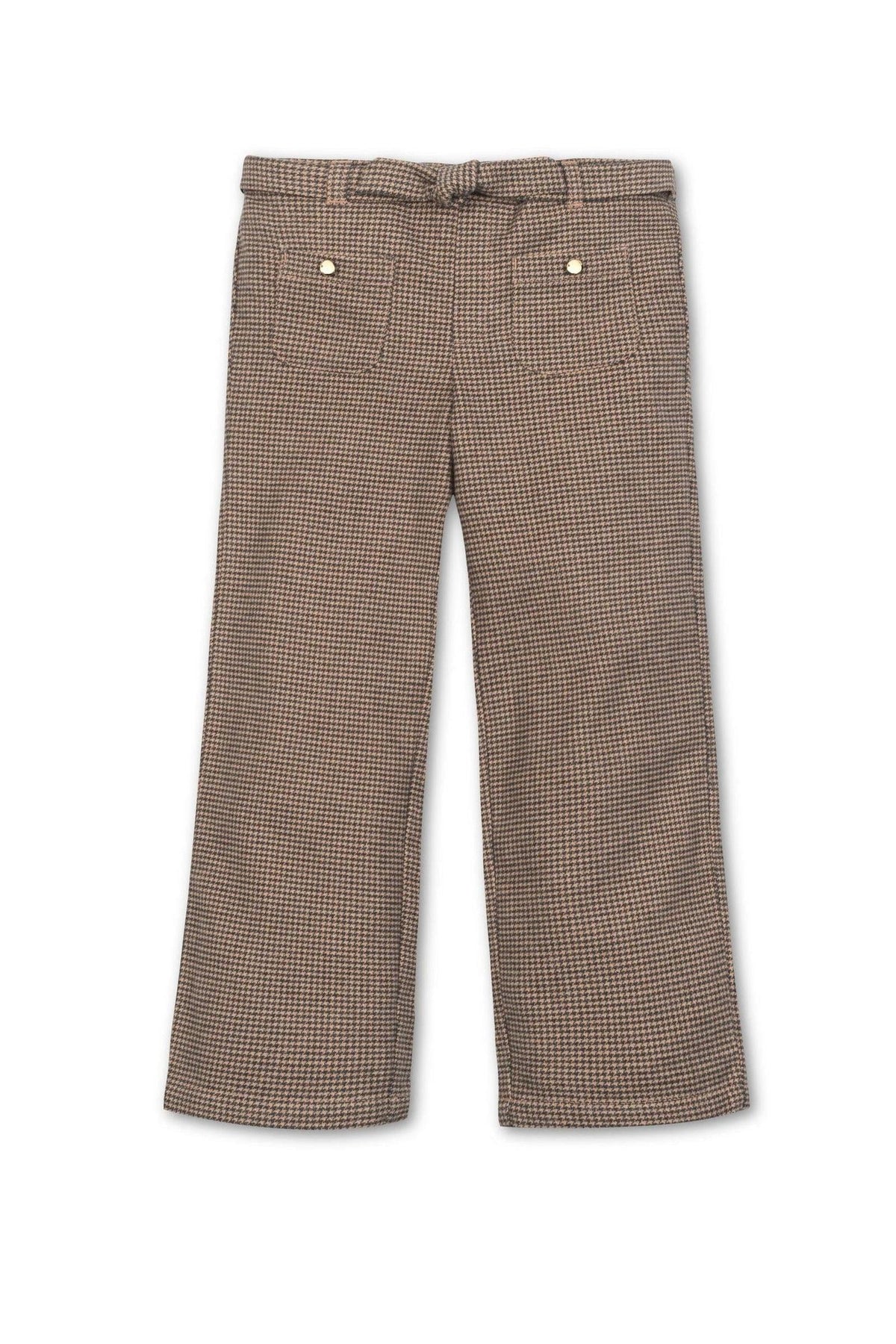Camel houndstooth wide-leg dress pants made from brushed organic cotton, featuring an elastic waistband and faux waist tie.