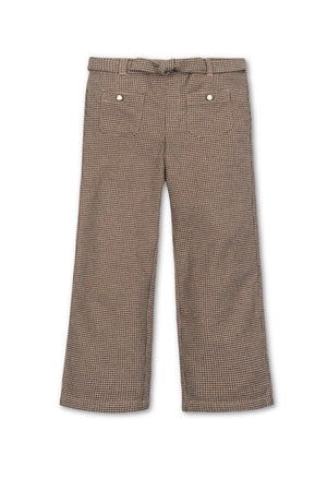 Camel houndstooth wide-leg dress pants made from brushed organic cotton, featuring an elastic waistband and faux waist tie.