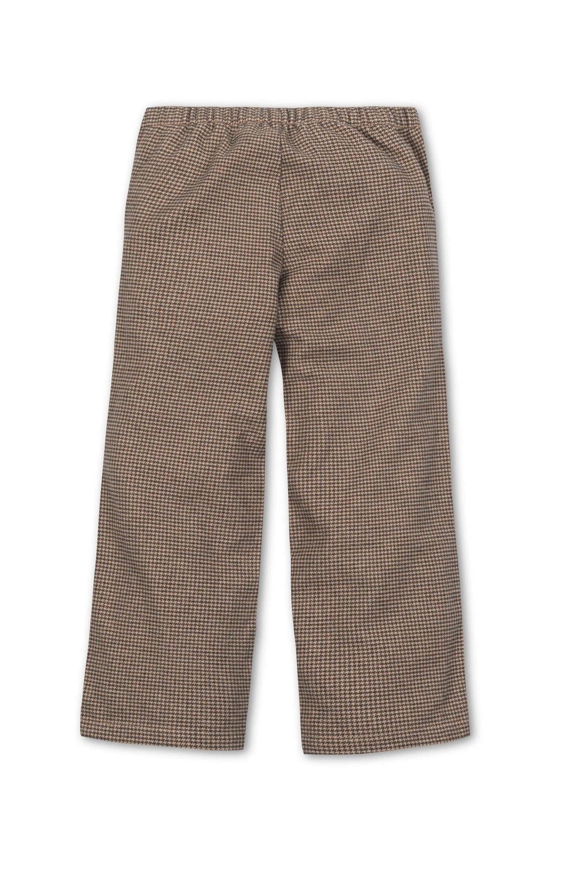 Camel houndstooth wide-leg pants made from organic cotton feature an elastic waistband, ideal for toddlers and kids.