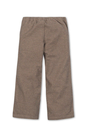 Camel houndstooth wide-leg pants made from organic cotton feature an elastic waistband, ideal for toddlers and kids.