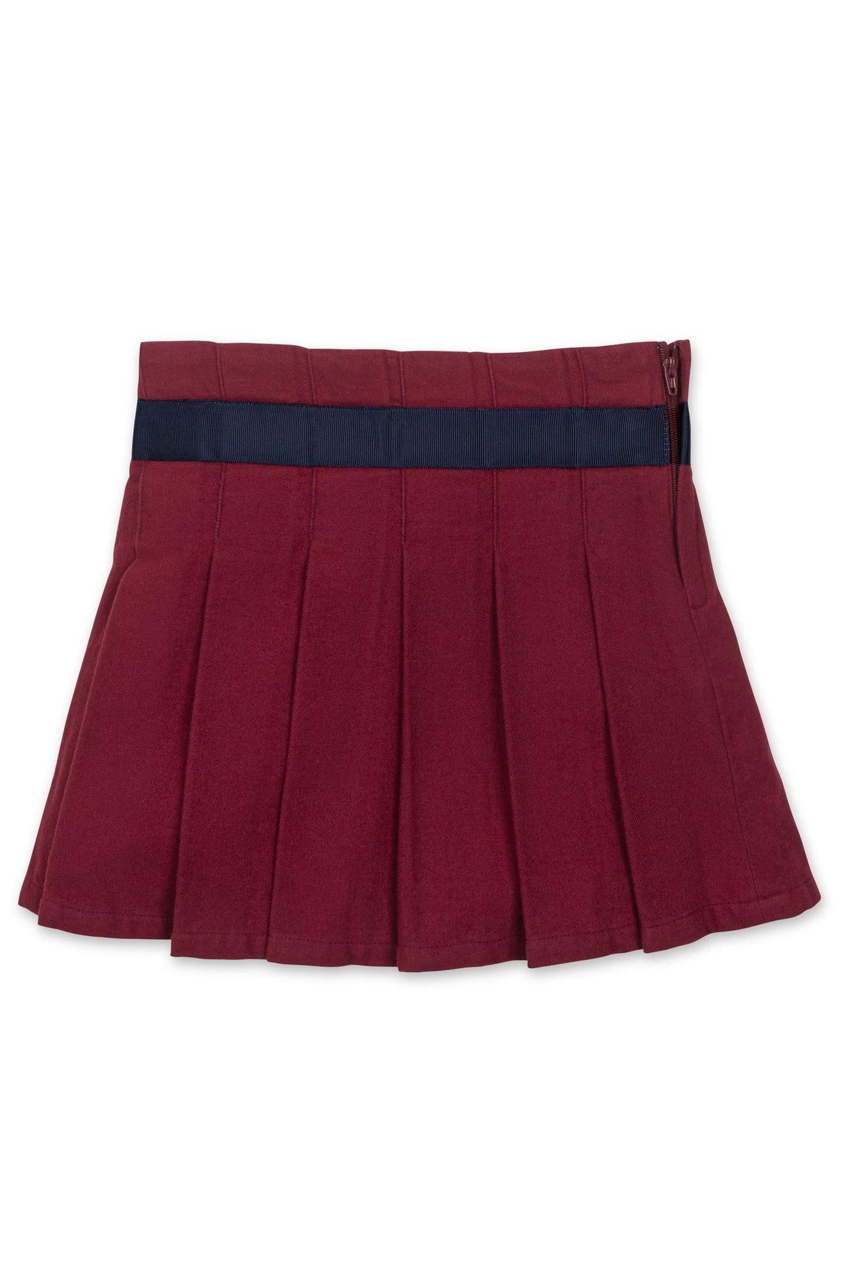 Dark red pleated skirt featuring a blue waistband and hidden side zipper, made from soft organic cotton for kids.