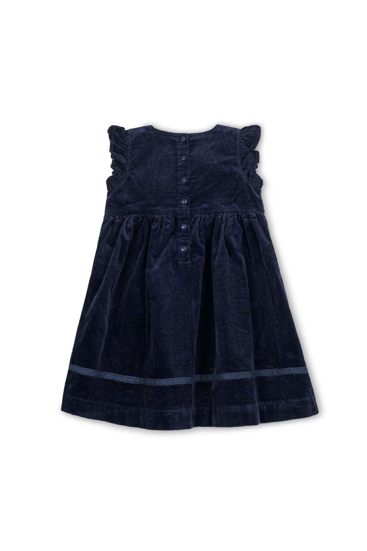 Navy organic cotton jumper dress featuring flutter sleeves, a bow detail, and a button-back closure. Ideal for toddlers and kids.