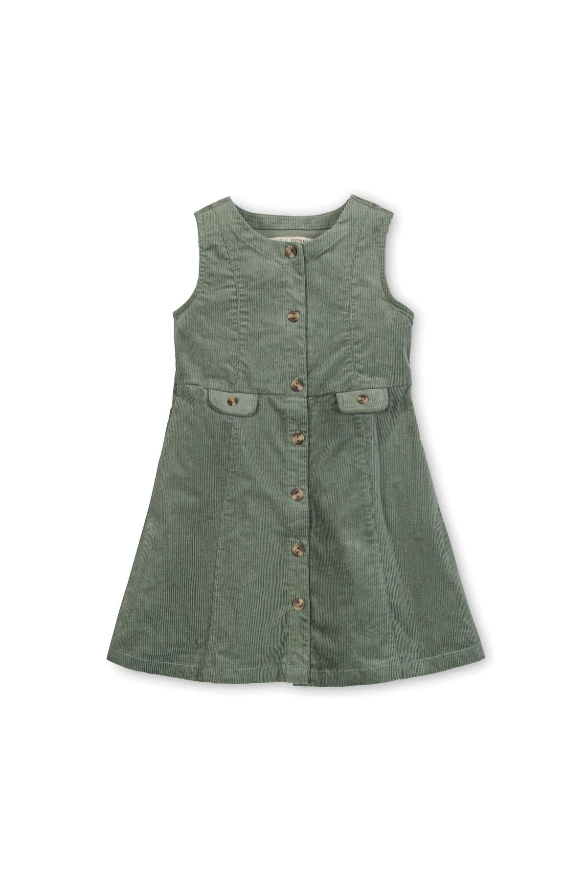 Sage green corduroy jumper dress featuring a button front, flap pockets, and an A-line silhouette, made from organic cotton.