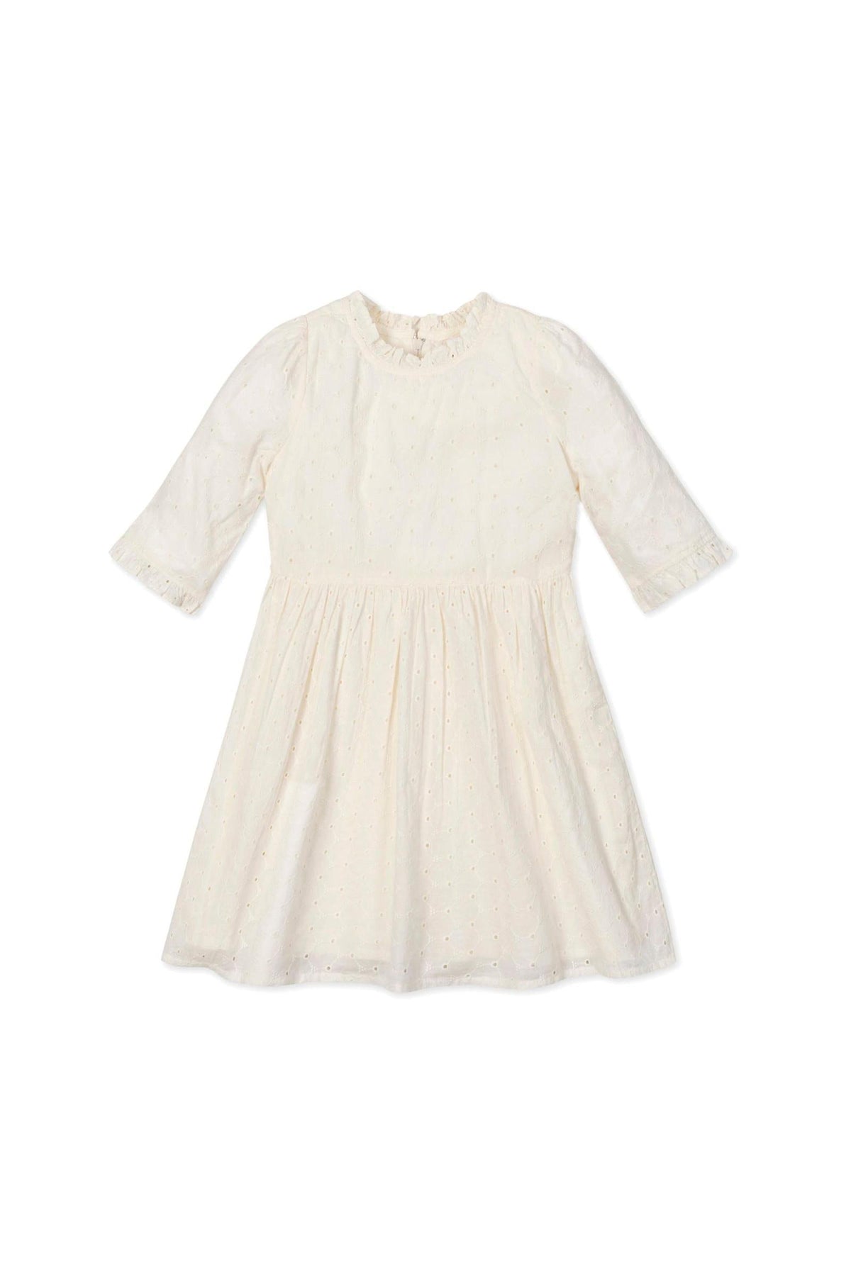 Ivory toddler dress with ruffle edges and eyelet design, featuring elbow-length sleeves and organic cotton fabric.