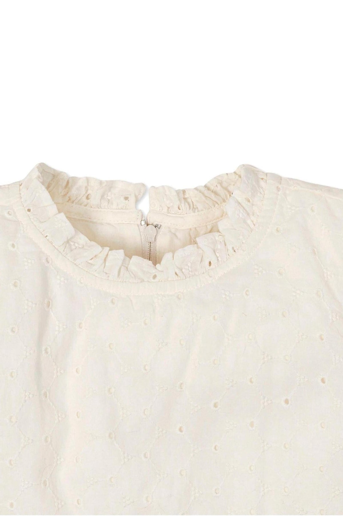 Ivory dress featuring organic cotton eyelet fabric with ruffle collar and back zipper, suitable for toddlers and kids.