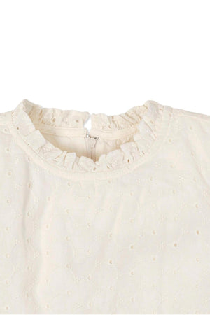 Ivory dress featuring organic cotton eyelet fabric with ruffle collar and back zipper, suitable for toddlers and kids.