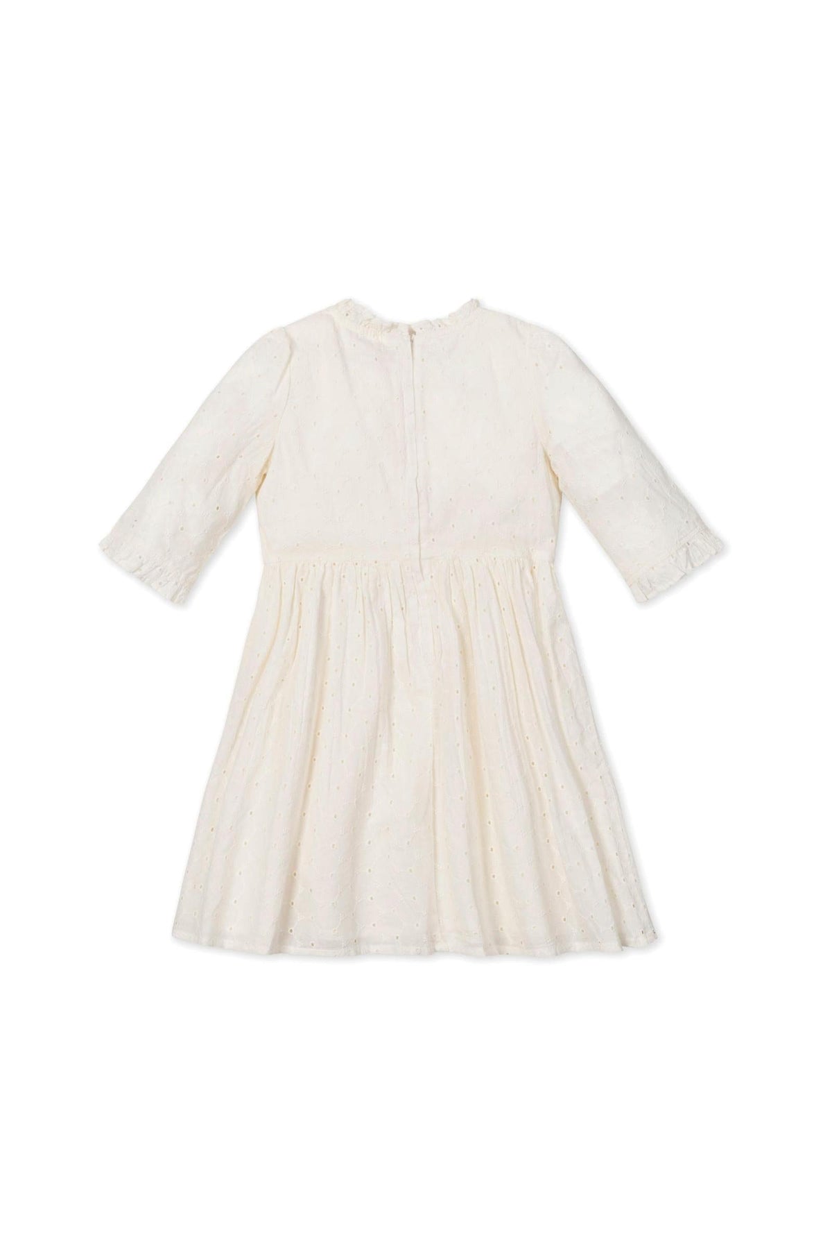 Ivory eyelet dress with elbow-length sleeves and ruffle details, featuring a back zipper; made from organic cotton.