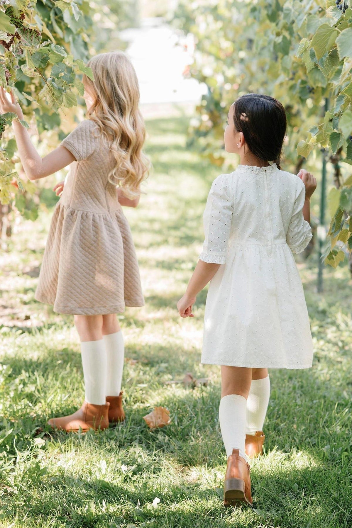 Two children wearing dresses and boots walk through a vineyard, surrounded by lush green leaves and grass.