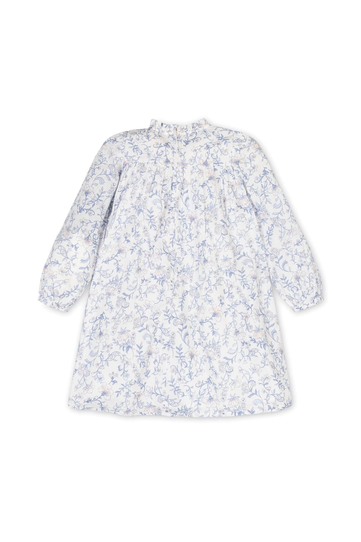 White organic cotton dress featuring a delicate gray toile floral print and a ruffled neckline, suitable for girls.