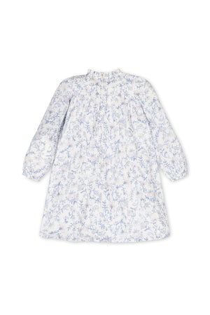White organic cotton dress featuring a delicate gray toile floral print and a ruffled neckline, suitable for girls.