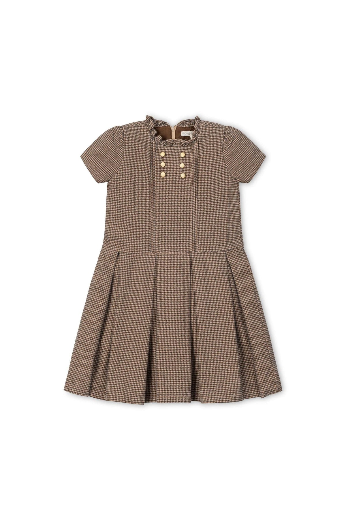 Beige and grey houndstooth dress with a ruffle collar, short puffed sleeves, and gold buttons, designed for toddlers and kids.