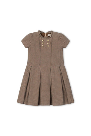 Beige and grey houndstooth dress with a ruffle collar, short puffed sleeves, and gold buttons, designed for toddlers and kids.