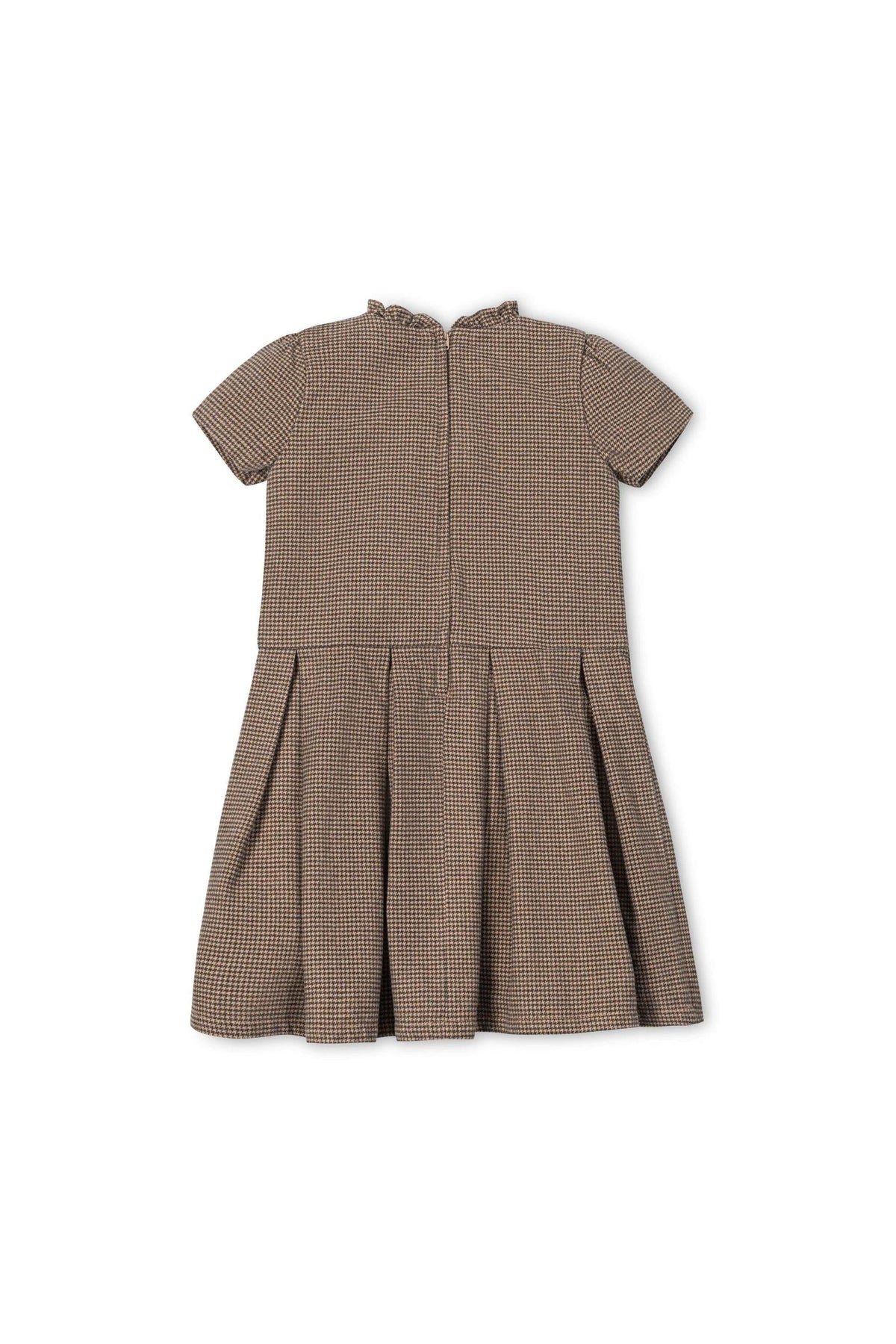 Back view of a beige and grey houndstooth dress with a ruffle collar and gently puffed sleeves, designed for toddlers.