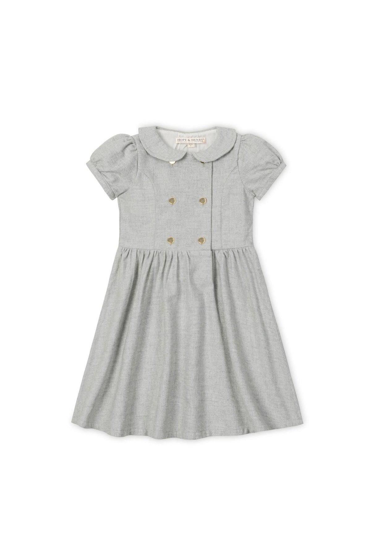 A gray heather flannel dress for girls featuring a double-breasted design, short puff sleeves, and a classic collar.
