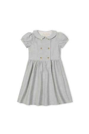 A gray heather flannel dress for girls featuring a double-breasted design, short puff sleeves, and a classic collar.