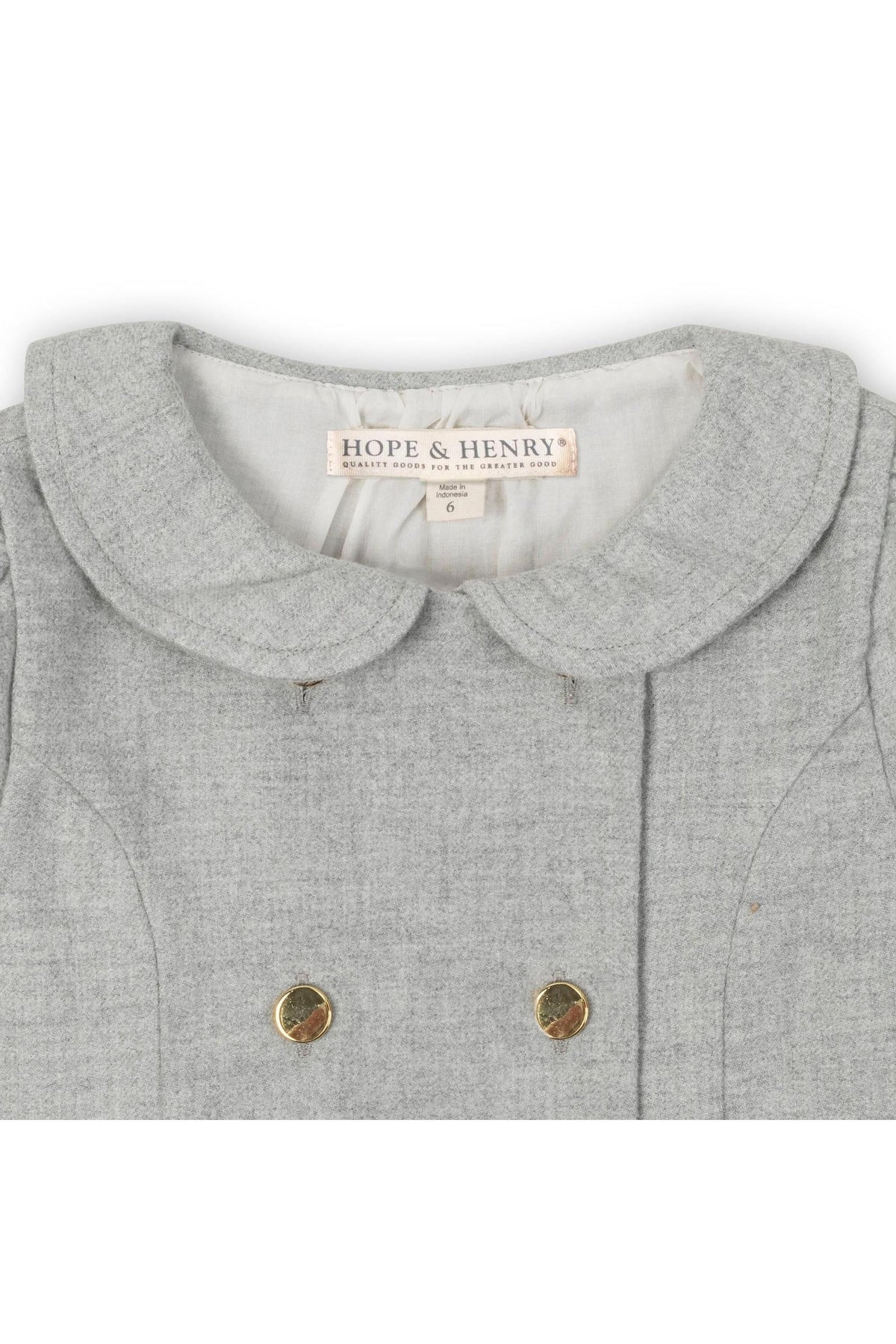 Gray heather flannel dress by Hope & Henry featuring a double-breasted design and a classic collar, suitable for toddlers.