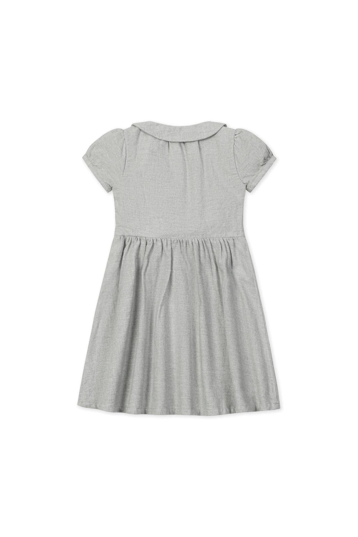 Back view of a gray heather organic cotton flannel dress for girls, featuring short sleeves and a classic silhouette.