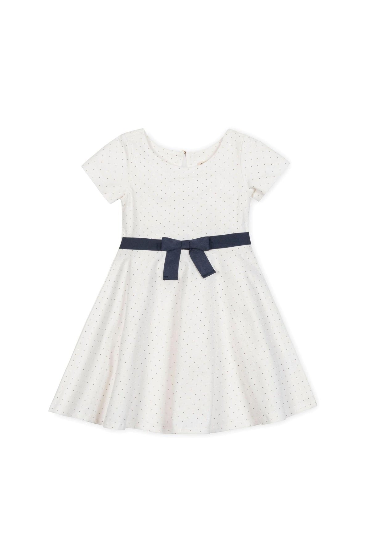White short sleeve skater dress with pindot pattern and a navy bow at the waist, suitable for kids.