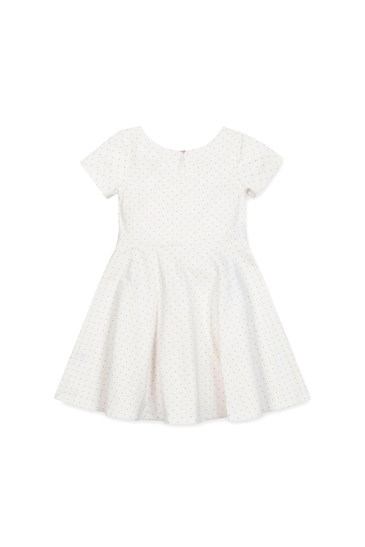 White skater dress with short sleeves, featuring a subtle pindot pattern, made of organic cotton for toddlers and kids.