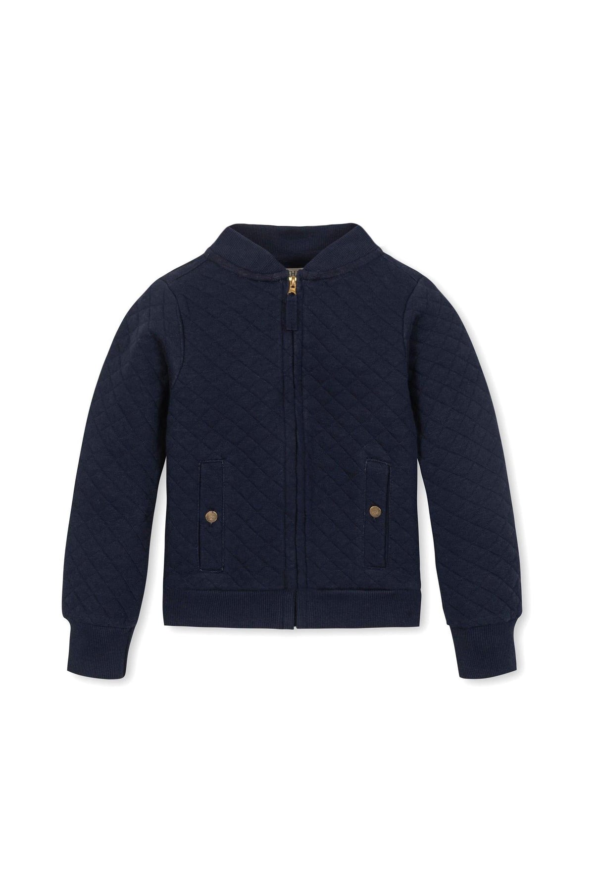 Navy blue organic cotton quilted bomber jacket featuring a zip front, ribbed trim, and gold-buttoned front pockets.
