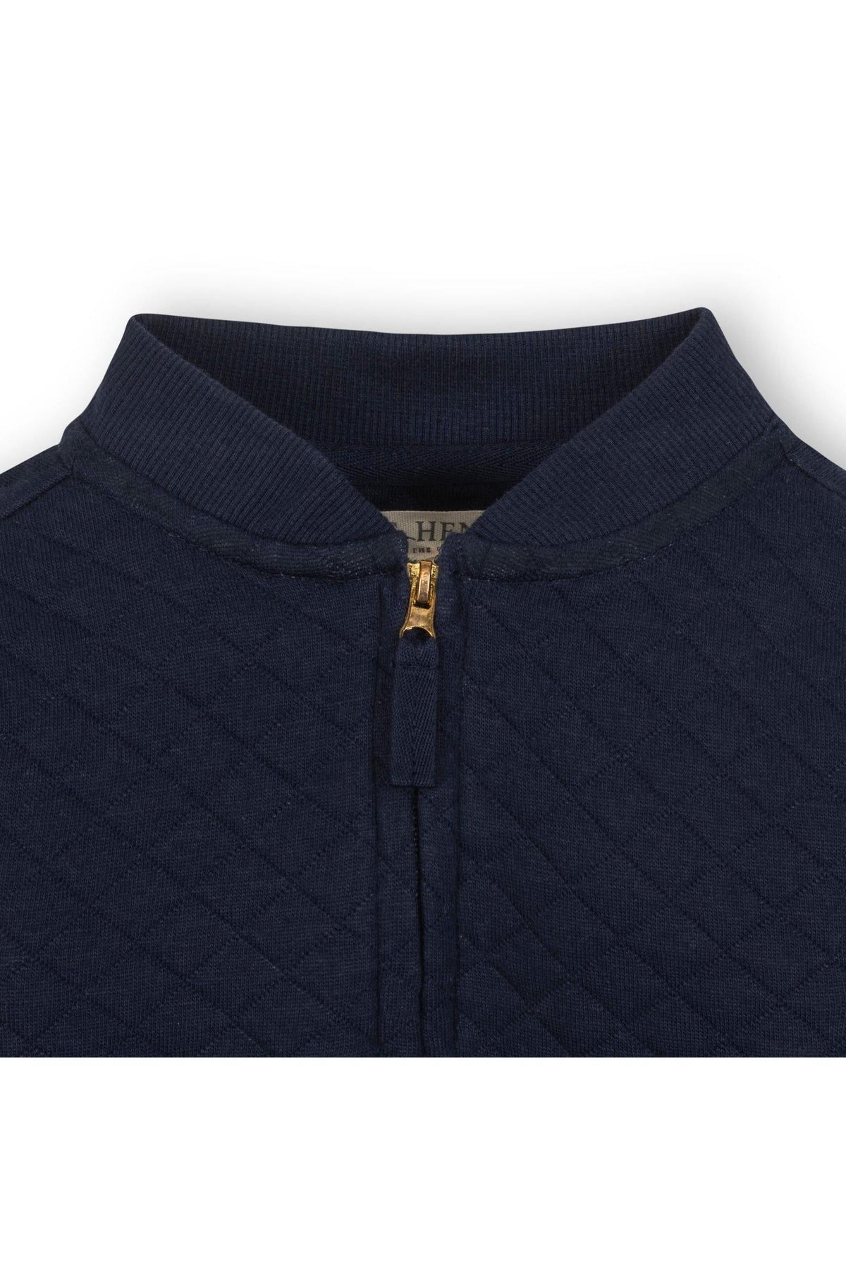 Close-up of a navy blue quilted bomber jacket collar featuring a gold zipper and ribbed trim for a stylish look.
