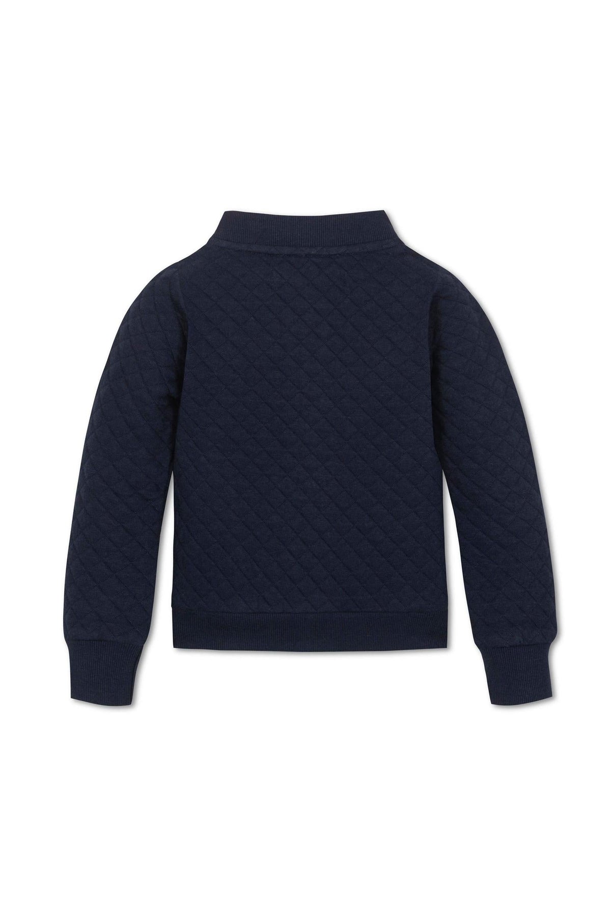 Navy blue quilted bomber jacket for girls, featuring ribbed trim and a cozy fit, suitable for toddlers and kids.