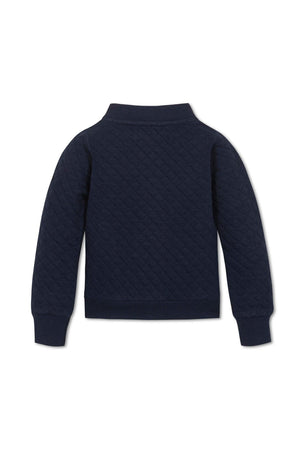 Navy blue quilted bomber jacket for girls, featuring ribbed trim and a cozy fit, suitable for toddlers and kids.