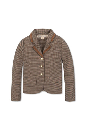 Brown houndstooth blazer with faux suede taping, gold buttons, and notch collar, designed for girls by Hope & Henry.