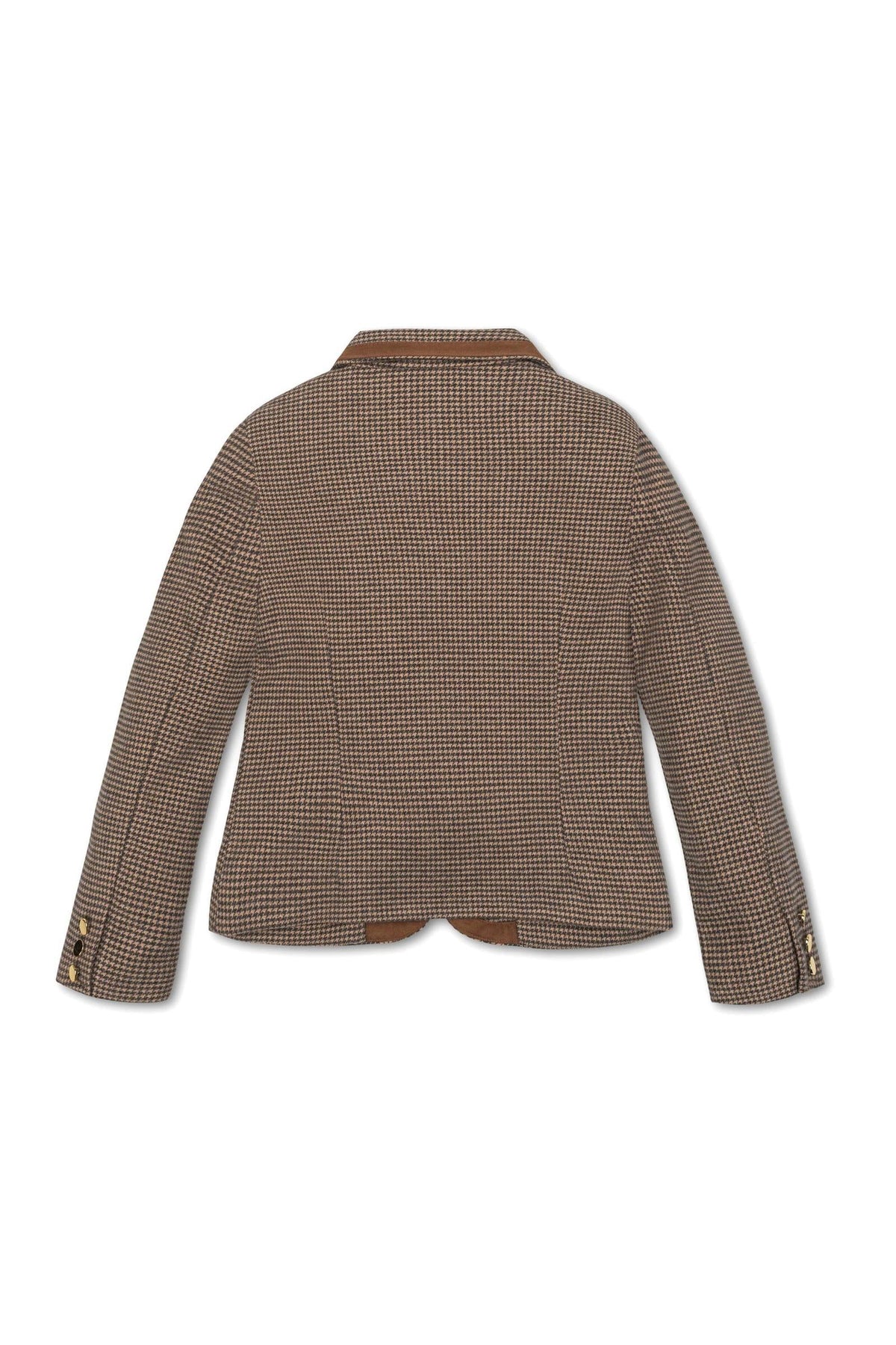 Back view of a stylish girls blazer in a brown houndstooth pattern, featuring a notch collar and gold buttons.
