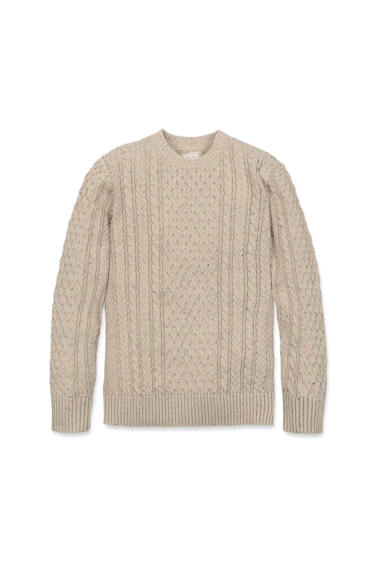 Light beige organic cotton fisherman sweater featuring an allover cable knit design and a classic crewneck silhouette. This stylish pullover is perfect for adults seeking sustainable fashion.