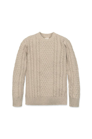 Light beige organic cotton fisherman sweater featuring an allover cable knit design and a classic crewneck silhouette. This stylish pullover is perfect for adults seeking sustainable fashion.