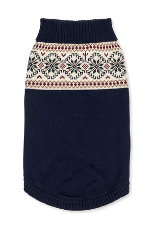 Navy dog sweater featuring a Fair Isle pattern in cream, green, and burgundy. Made from soft, organic cotton for comfort.