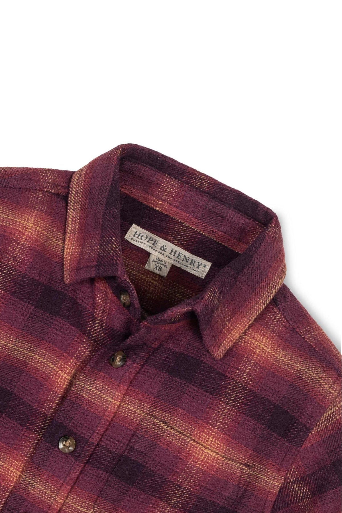 Close-up of a Hope & Henry organic cotton flannel shirt featuring a plum plaid pattern, soft texture, and a button-down.