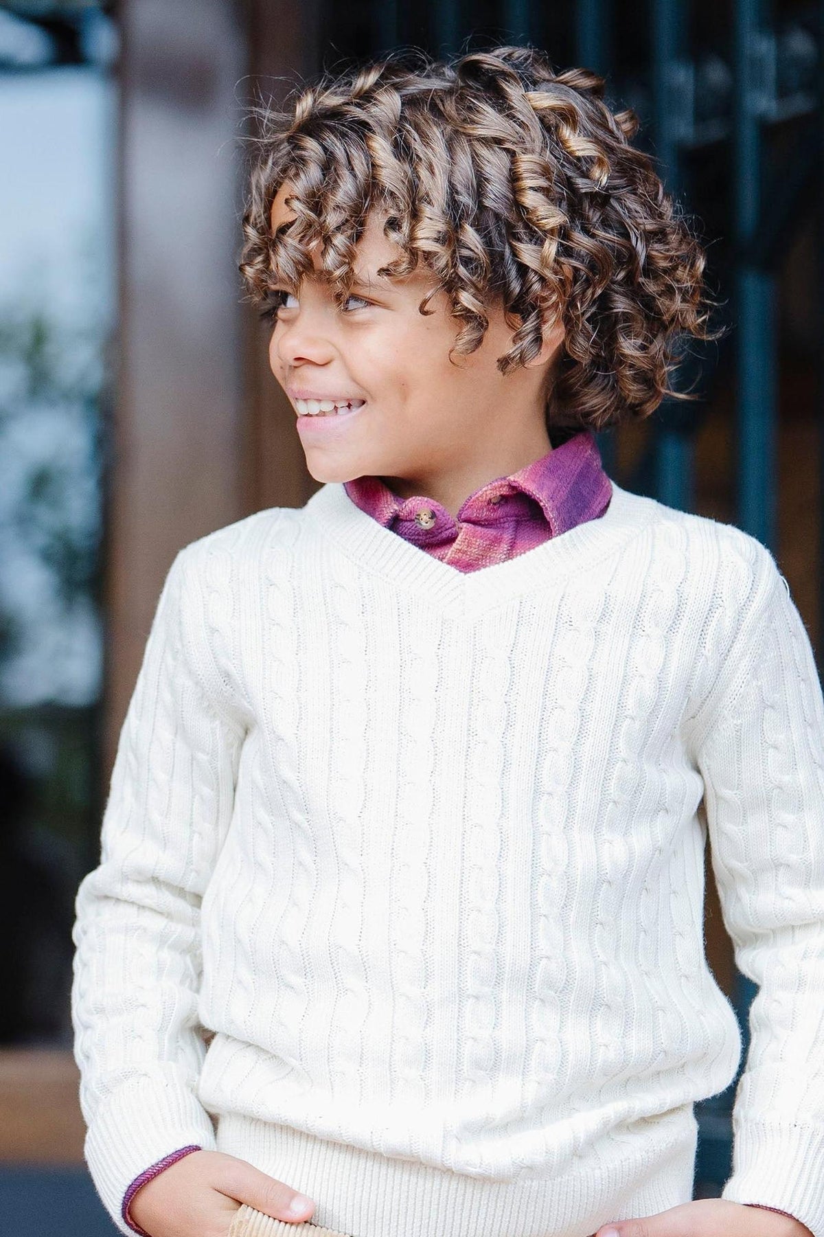 Hope & Henry Organic Cotton V-Neck Cable Sweater, Ivory, Toddler & Kids