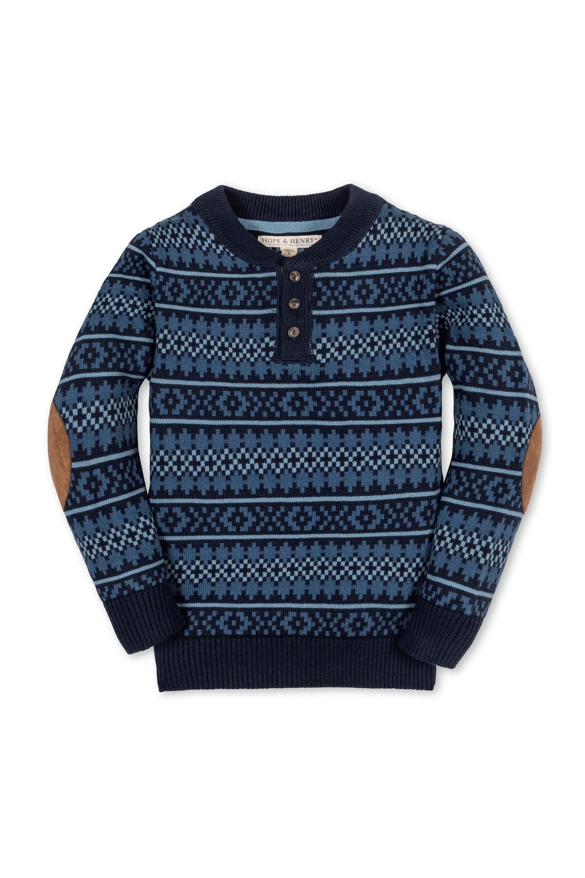 Navy blue sweater featuring a Fair Isle pattern, faux suede elbow patches, and a henley neckline with button closure.