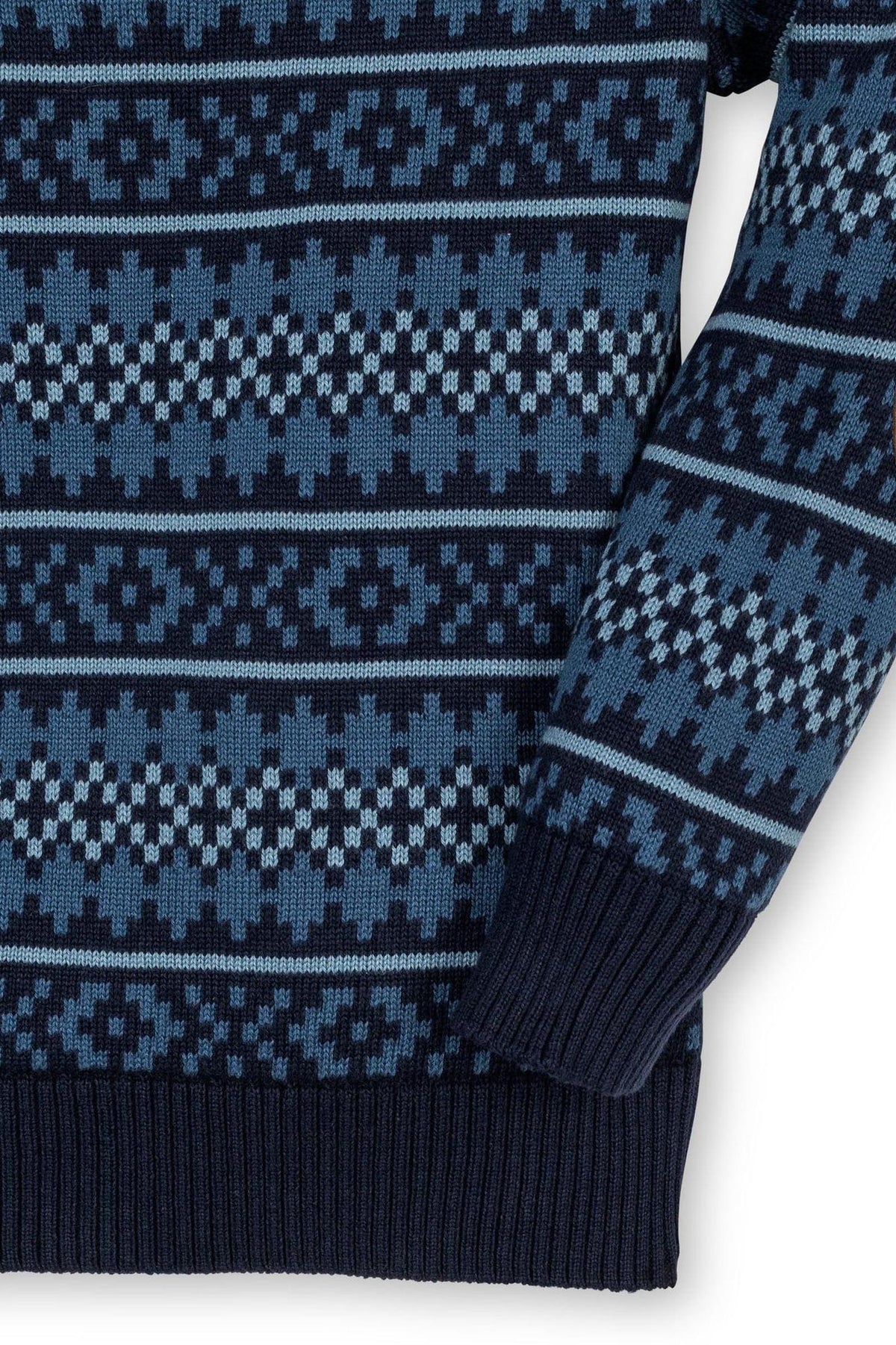 Close-up of a navy and steel blue patterned sweater featuring a Fair Isle design and ribbed cuffs.